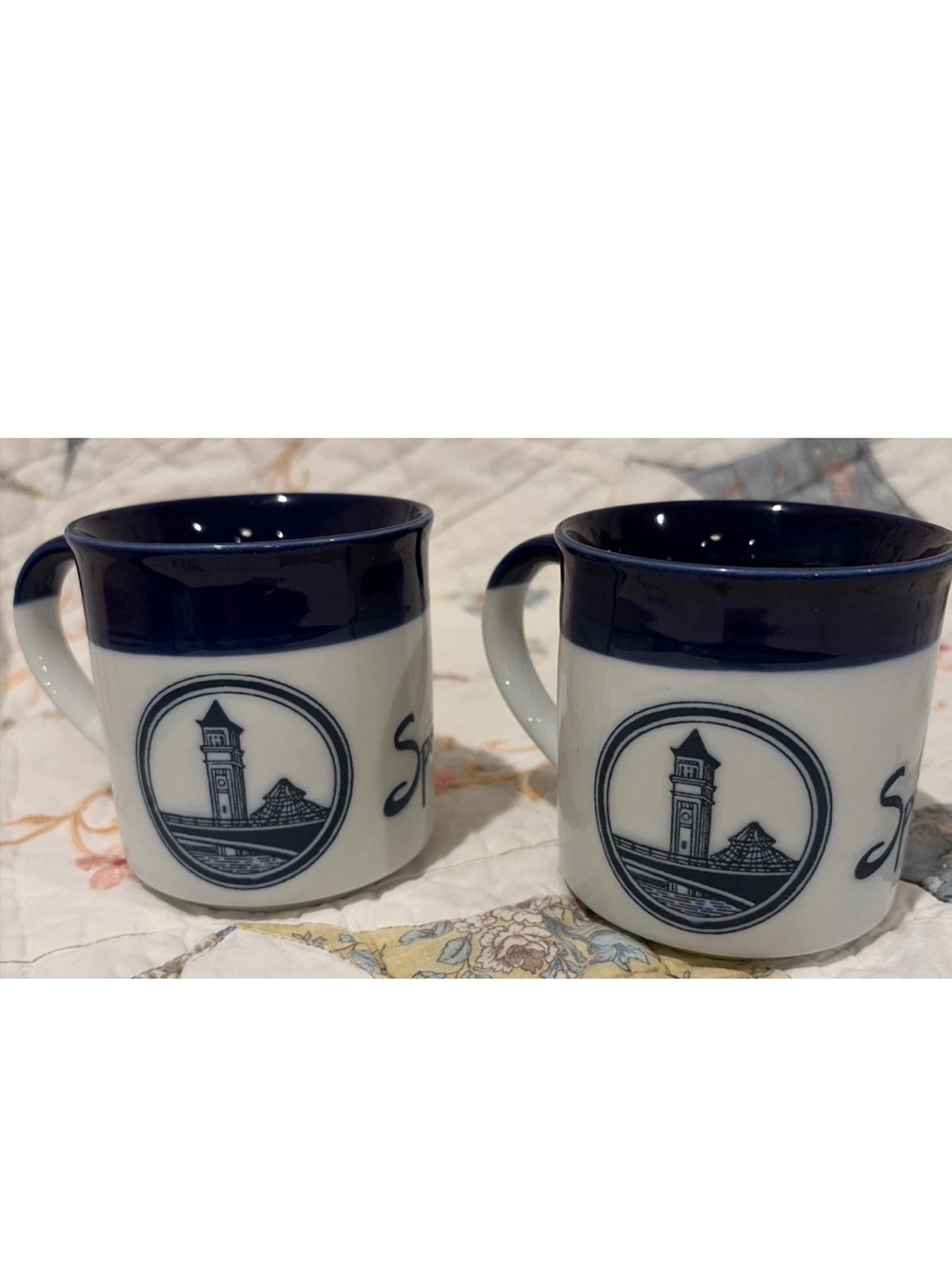 VNTG Spokane Washington Souvenir Coffee Mugs Cobalt Blue Rim Clock Tower Pair 2